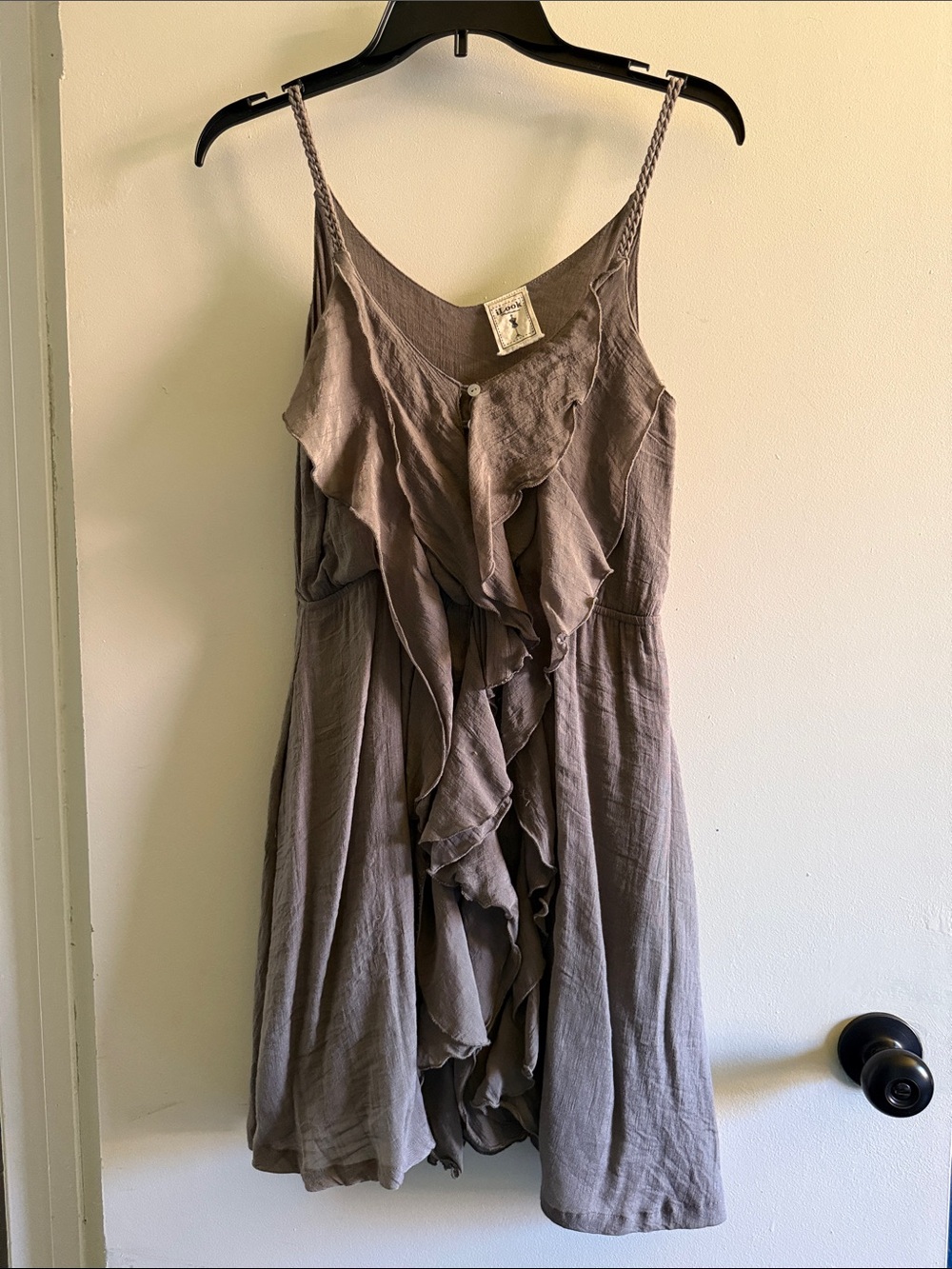 Ruffled Spaghetti Strap Mini Dress in Taupe